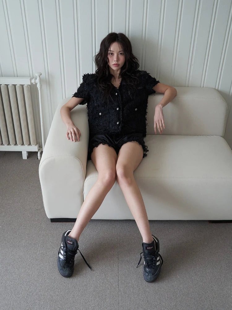 2025 New Women Vintage Tweed Jacket Short Sleeve White Black Retro Elegant Tassel Summer Outwear Chic Korean Fashion Coats Tops