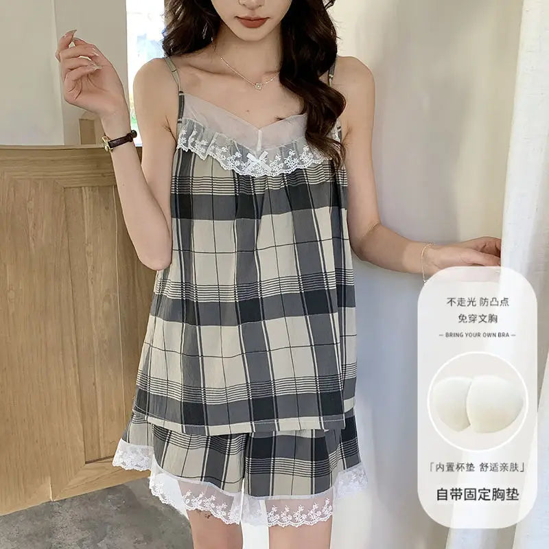 Floral Sleepwear Women Pajama Sets Korean Fashion Piiama Spaghetti Strap Female Sets 2 Pieces Lace Night Wears Cute Home Suit