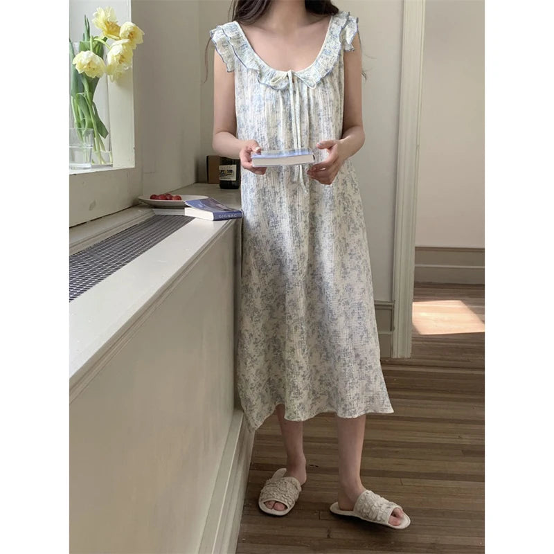 Floral Ruffles Women Nightgown Sleeveless Sleepwear O-neck Night Dress Korean Fashion Nightwear Summer One Piece Pajamas Dress