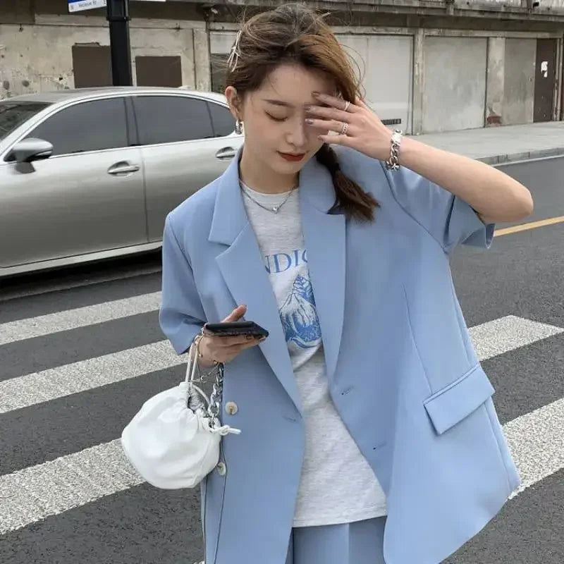 Clothing White 2025 Sleeve Summer Korean Style Blazer and Shorts Suit for Woman Kit Women's Short Pants Sets Complete Two Pieces