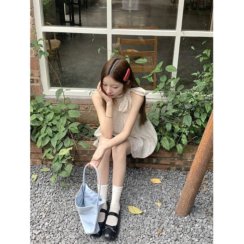 MEXZT Sweet Dot Shirts Women Elegant Bow Bandage Blouses Vintage Halter Print Tops Summer Korean Sleeveless Casual Clothes New