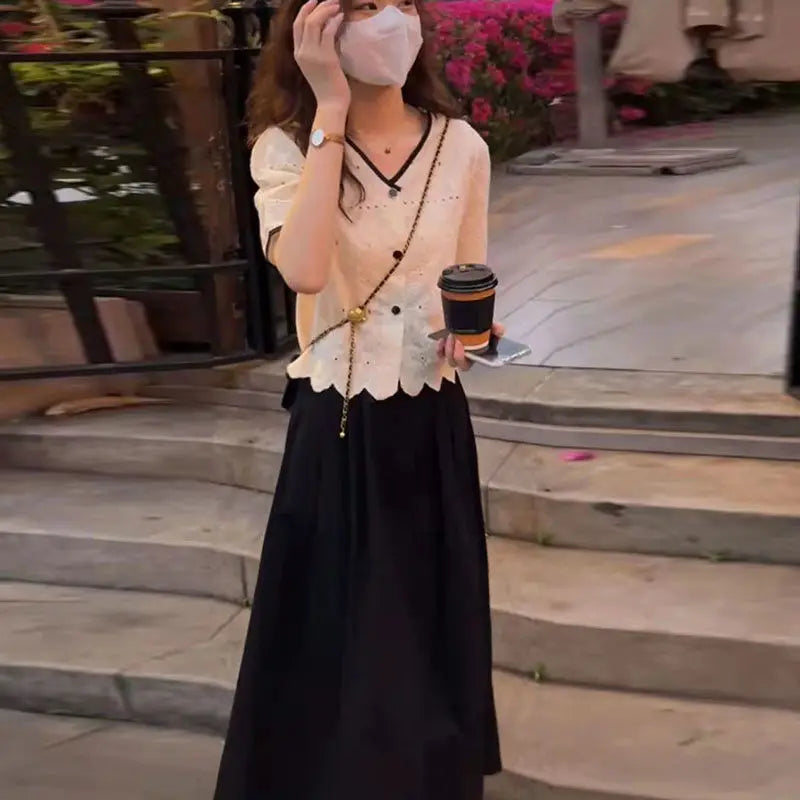 Women's Chic Summer Clothing Korean Graceful Lace Shirt+Mesh A-Line Midi Skirts Two Piece Set Lady Elegant Short Sleeve Top