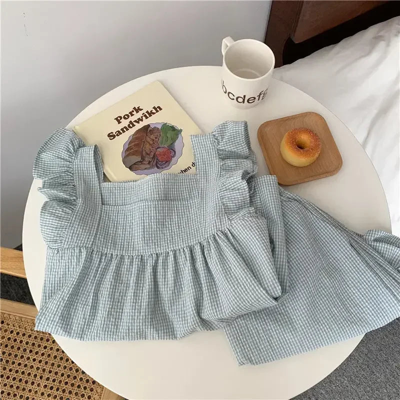 Plaid Sleepwear Women Pajama Sets Square Collar Piiama Fly Sleeve 2 Pieces Ruffles Night Wears Summer Korean Cute Home Suit New