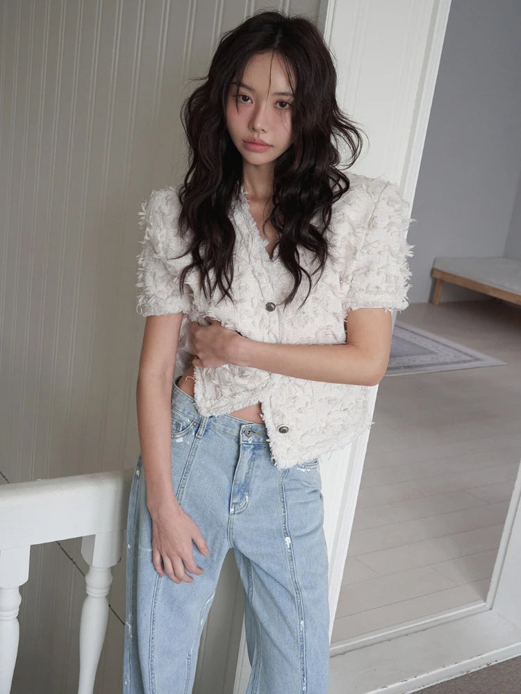 2025 New Women Vintage Tweed Jacket Short Sleeve White Black Retro Elegant Tassel Summer Outwear Chic Korean Fashion Coats Tops