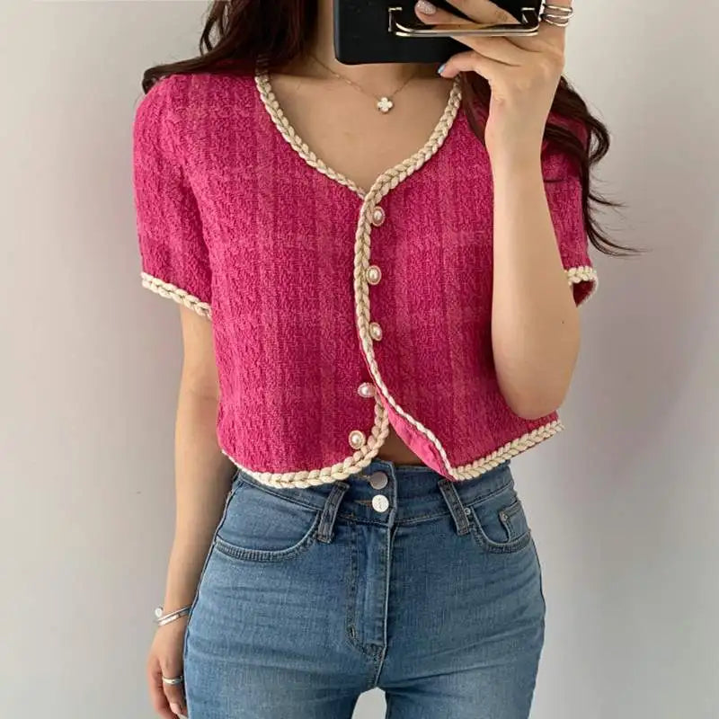 2025 Summer New Elegant Retro Short Korean Plaid Tweed Cardigan Women Fashion Short Sleeved Thin Short Jacket Female Elegant Top
