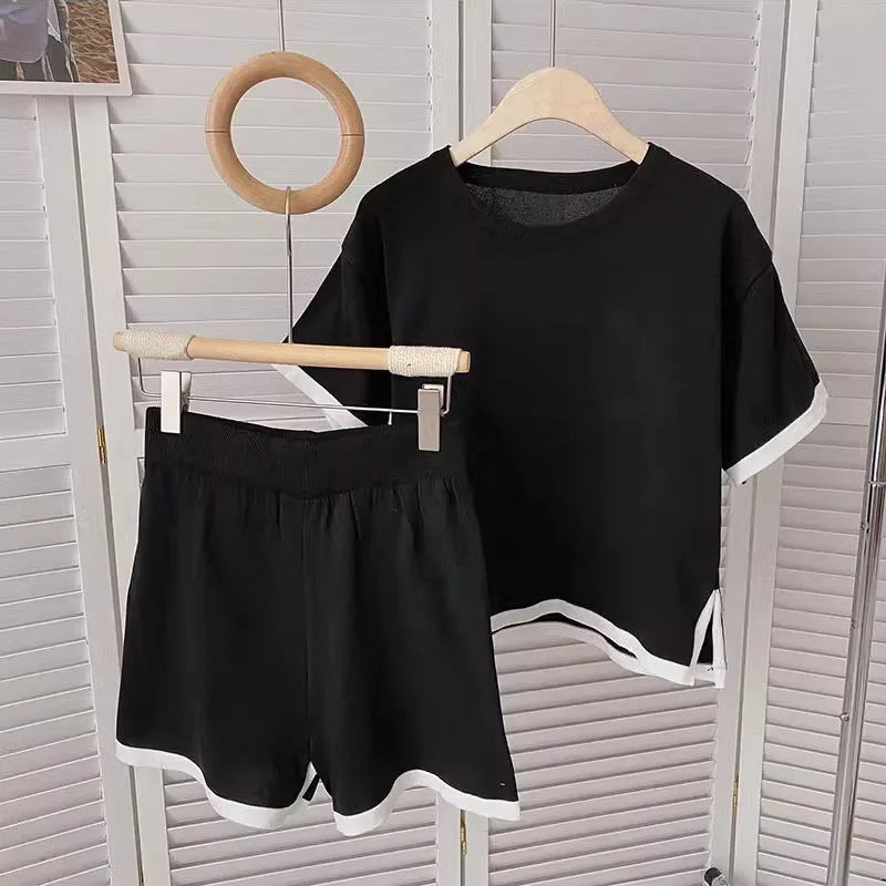 C01 Summer Thin Knitted 2 Pieces Sets Women O-neck Knitwears Short Sleeve Tops Conjuntos Korean High Waist Baggy Shorts Pants Outfit
