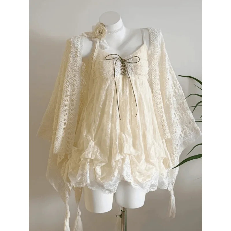 French Sweet Floral Lace Mini Dress Women Beach Style Evening Party Clothing Summer Slim Vintage One Piece Dress Korean Fashion