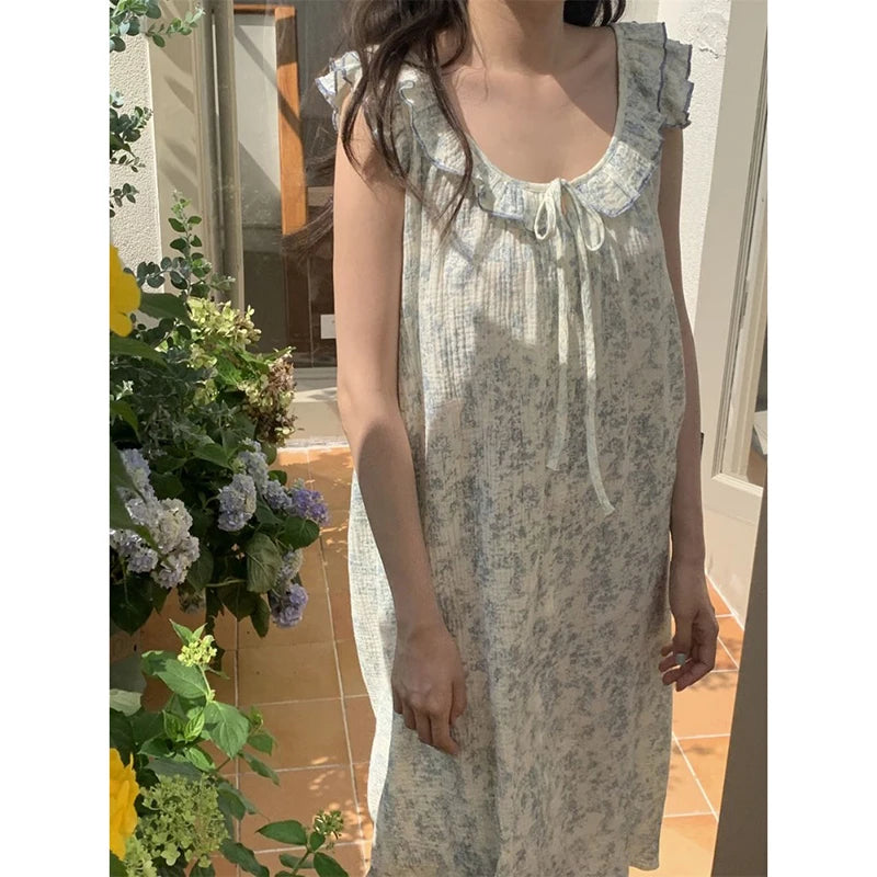 Floral Ruffles Women Nightgown Sleeveless Sleepwear O-neck Night Dress Korean Fashion Nightwear Summer One Piece Pajamas Dress