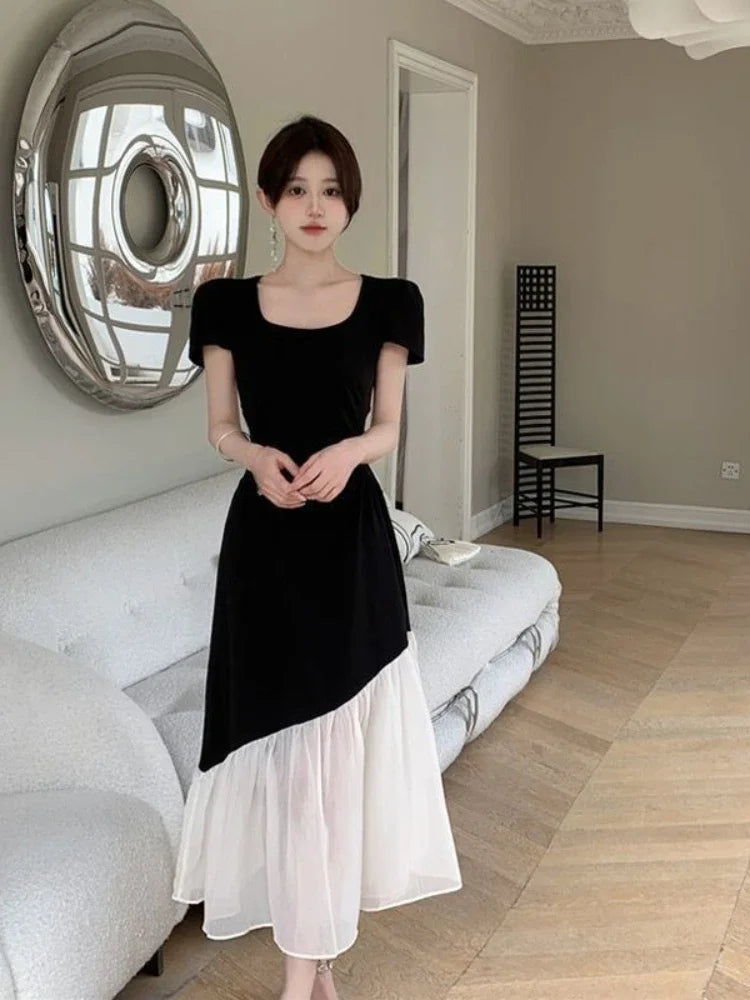 Long Maxi Female Dress Short Sleeve Women's Dresses Korean Style Designer Retro Kpop Casual Youth A Line Clothing Elegant Party
