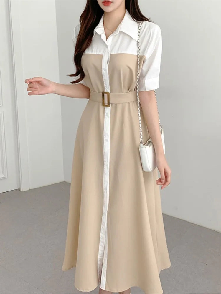 Summer Elegant Korean Long Dress Shirt Women Short Sleeve Patchwork Single Breasted Belt A Line Midi Vestidos Party Night