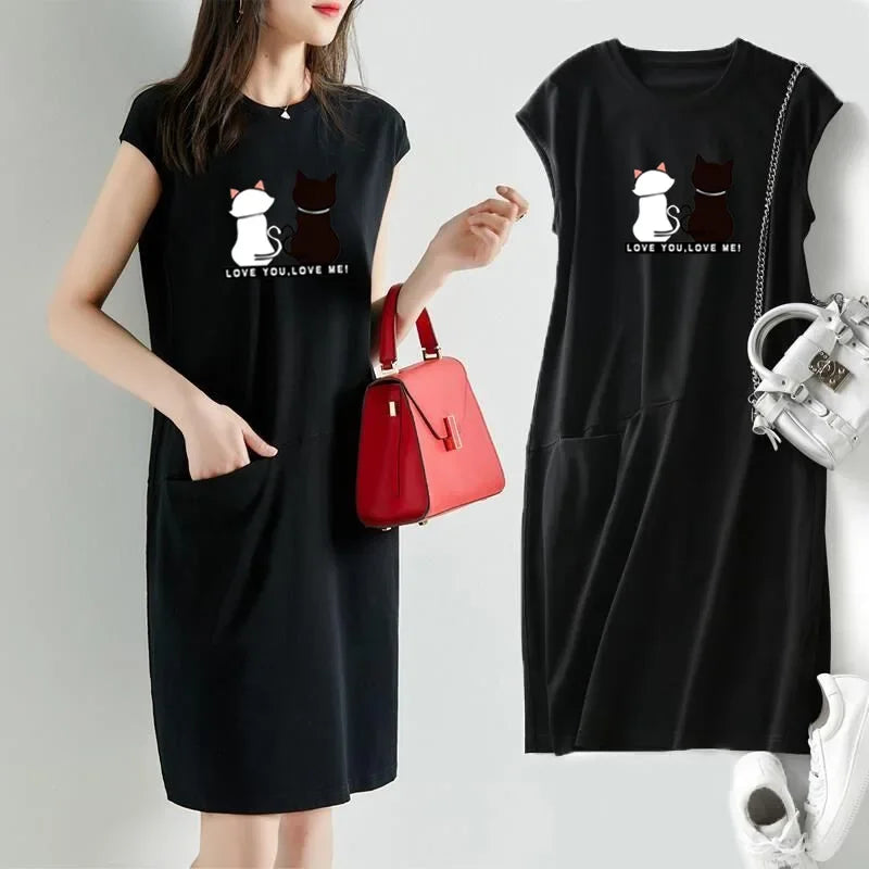 Women Summer Cat Print Dress Korean Fashion Aesthetic Clothes Casual Streetwear Black Loose Midi Dresses for Women