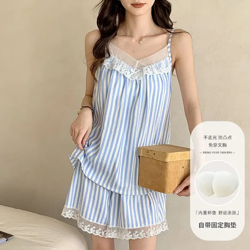Floral Sleepwear Women Pajama Sets Korean Fashion Piiama Spaghetti Strap Female Sets 2 Pieces Lace Night Wears Cute Home Suit