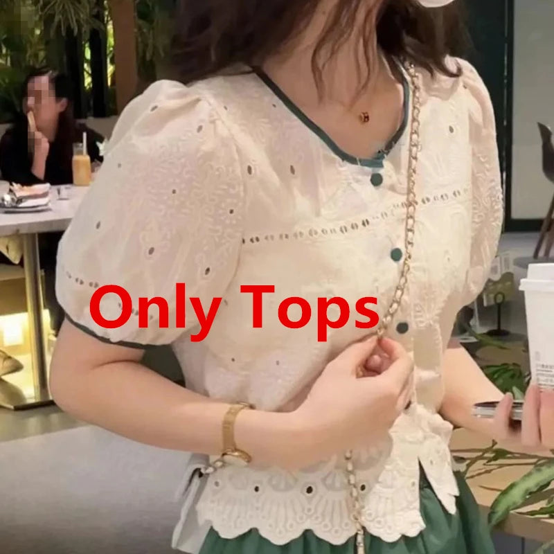 Women's Chic Summer Clothing Korean Graceful Lace Shirt+Mesh A-Line Midi Skirts Two Piece Set Lady Elegant Short Sleeve Top