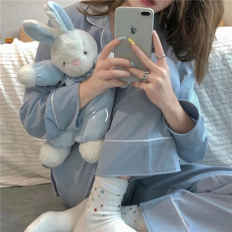 Ribbed Knit Women Pajamas Sets Spring Korean Sleepwear 2 Piece Buttons Pyjama Long Sleeve Top Pants Pijama Mujer Pjs Home Suit