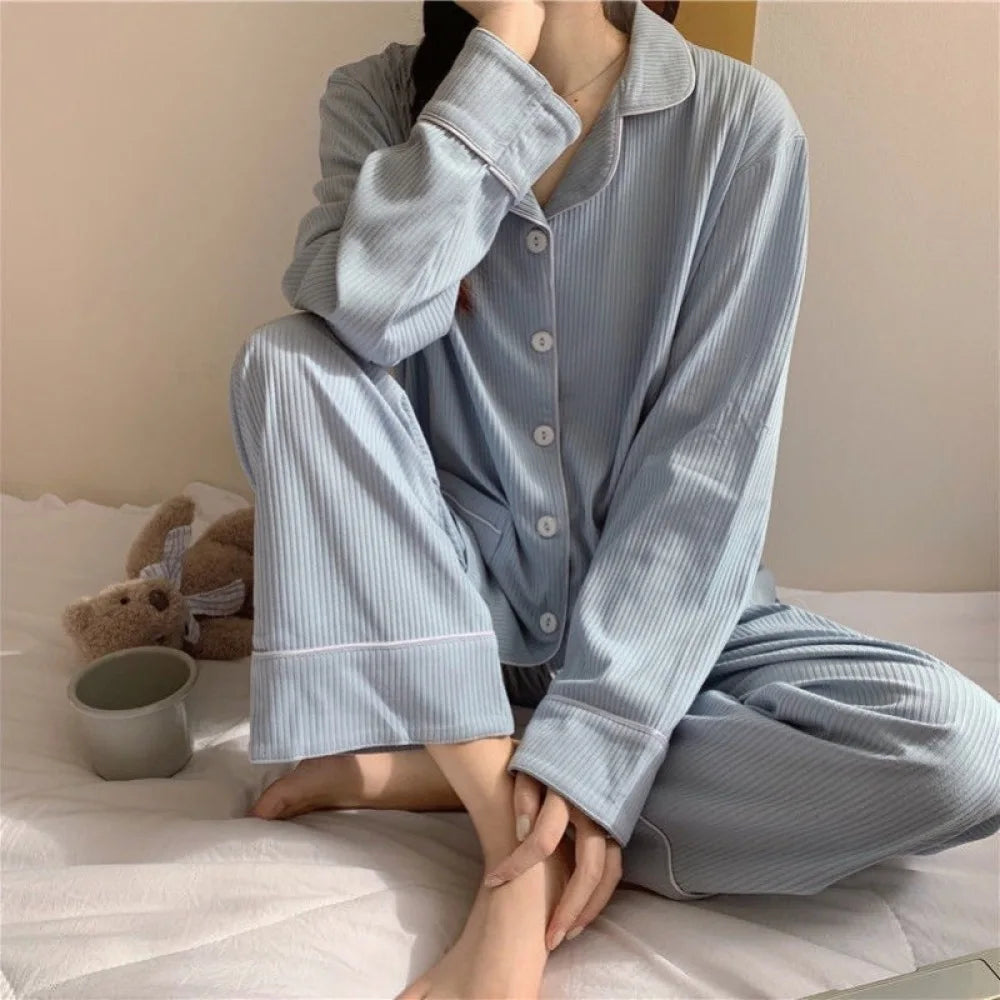 Ribbed Knit Women Pajamas Sets Spring Korean Sleepwear 2 Piece Buttons Pyjama Long Sleeve Top Pants Pijama Mujer Pjs Home Suit