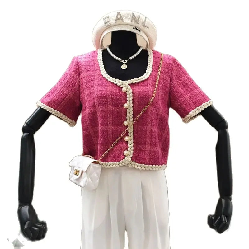 2025 Summer New Elegant Retro Short Korean Plaid Tweed Cardigan Women Fashion Short Sleeved Thin Short Jacket Female Elegant Top