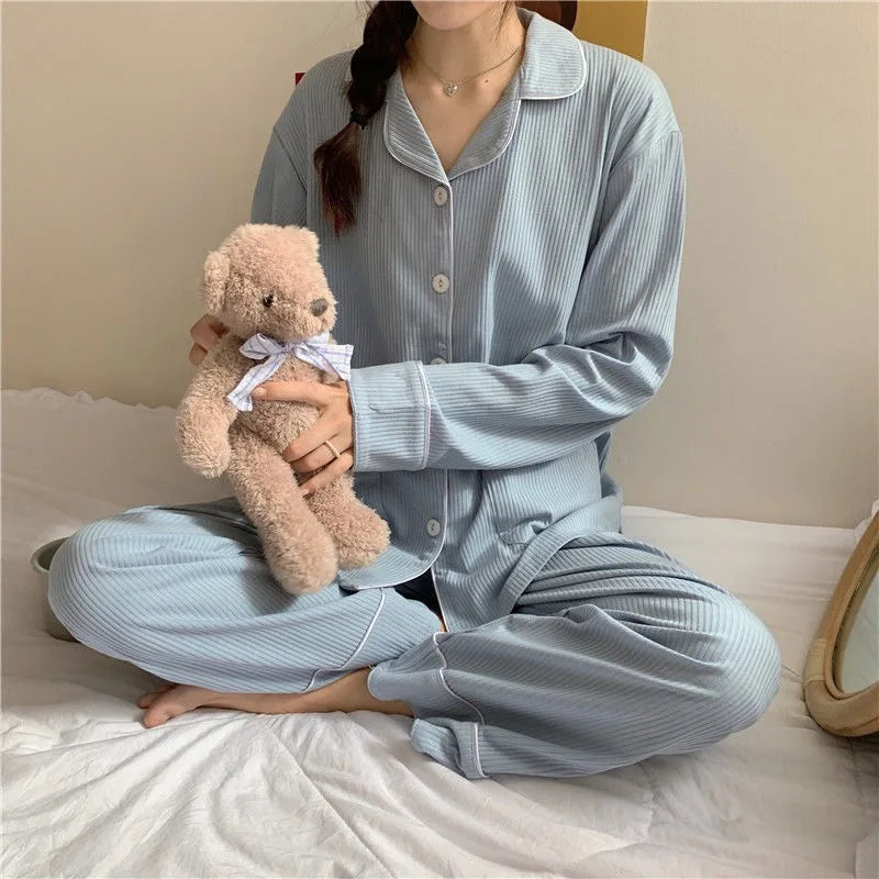 Ribbed Knit Women Pajamas Sets Spring Korean Sleepwear 2 Piece Buttons Pyjama Long Sleeve Top Pants Pijama Mujer Pjs Home Suit