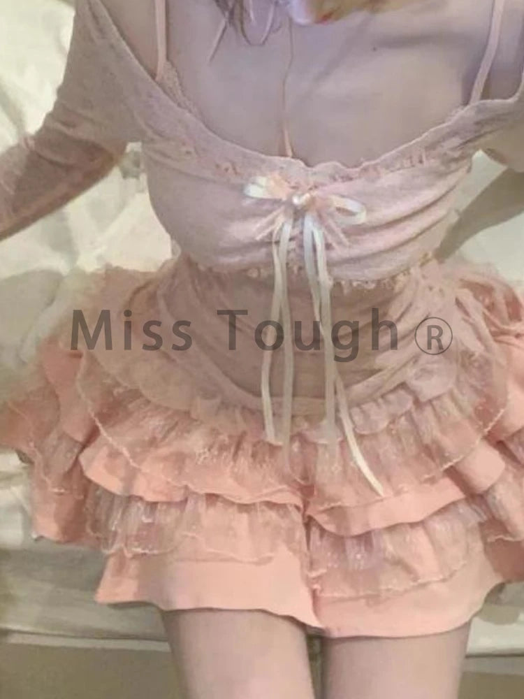 Spring Korean Sweet Fashion 2 Piece Set Women Lace Bow Blouse + Slim Patchwork Dress New Design Chic Sexy Y2k Harajuku Suit 2025