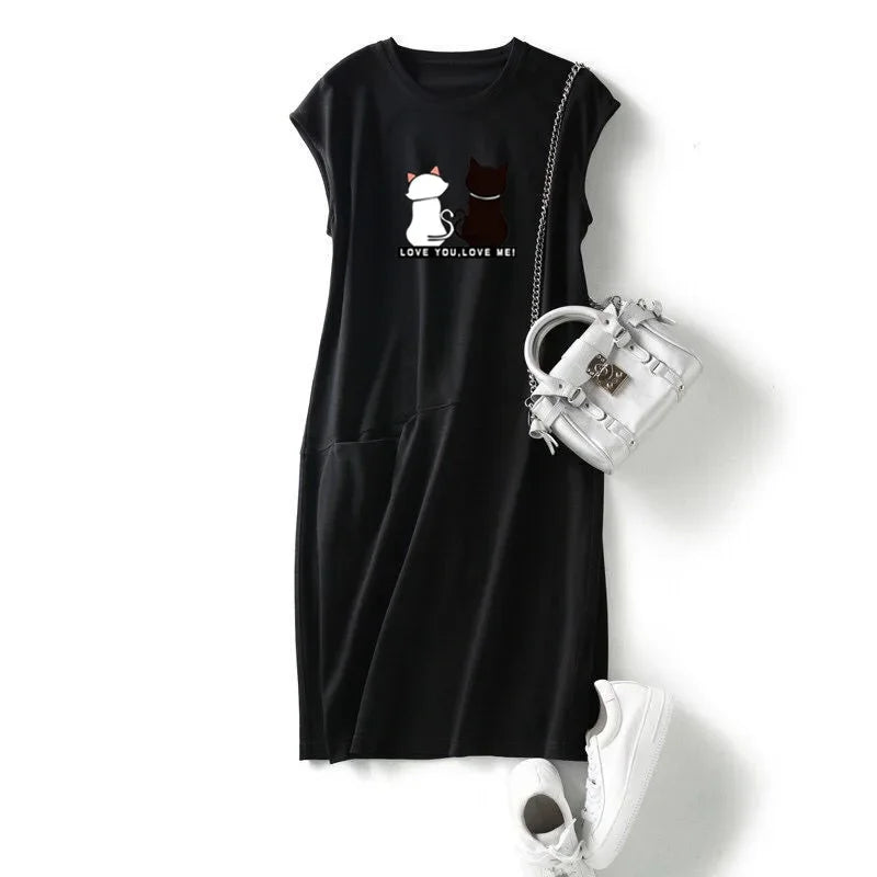 Women Summer Cat Print Dress Korean Fashion Aesthetic Clothes Casual Streetwear Black Loose Midi Dresses for Women