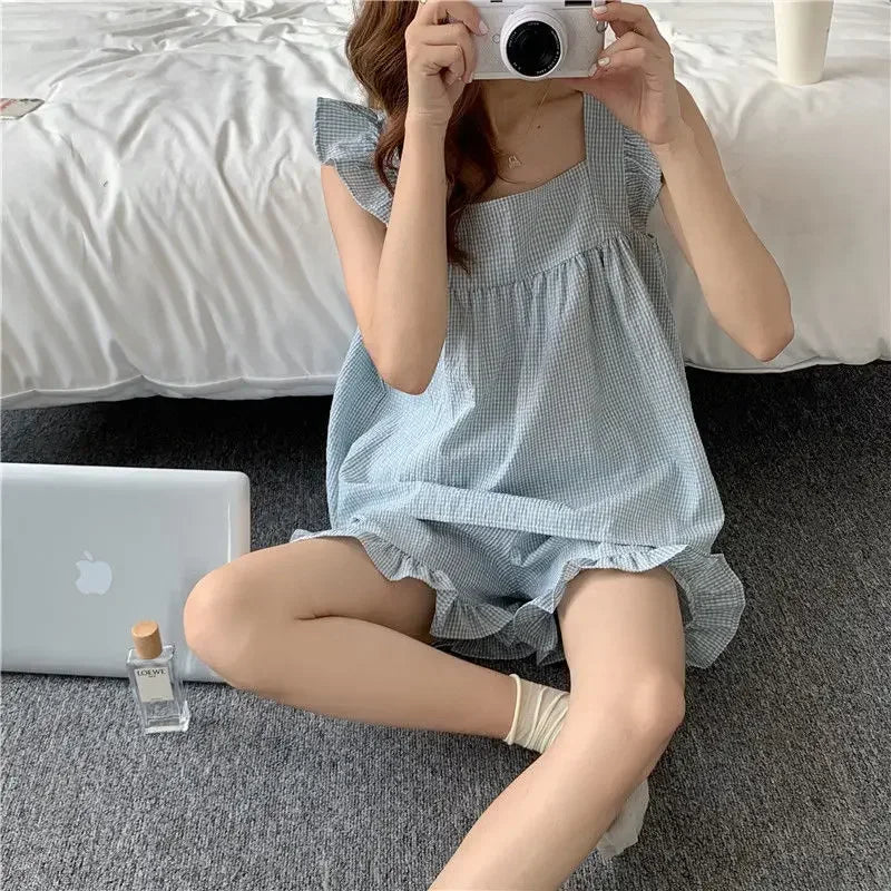 Plaid Sleepwear Women Pajama Sets Square Collar Piiama Fly Sleeve 2 Pieces Ruffles Night Wears Summer Korean Cute Home Suit New