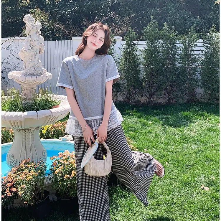 C04 Korean Lace Spliced gray Short-sleeved T-shirt Plaid Wide-leg Pants Suit for Women Summer Two-piece Set