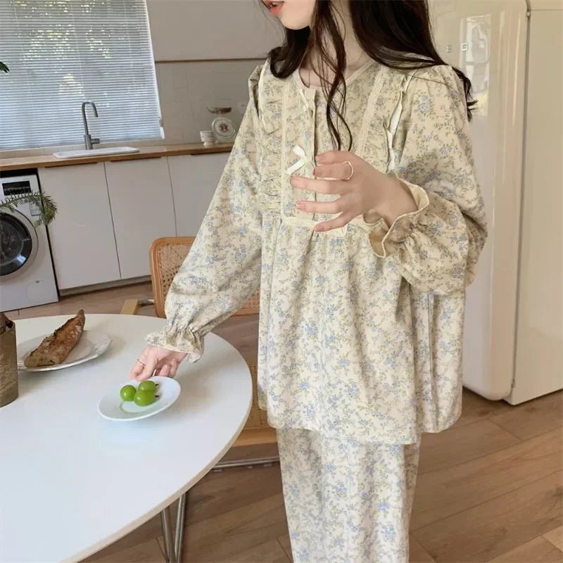 Lace Sleepwear Women Pajamas Set for Home Floral Vintage Long Sleeve Pants Suit 2 Pieces Spring Ruffle Korean O-neck Night Wears