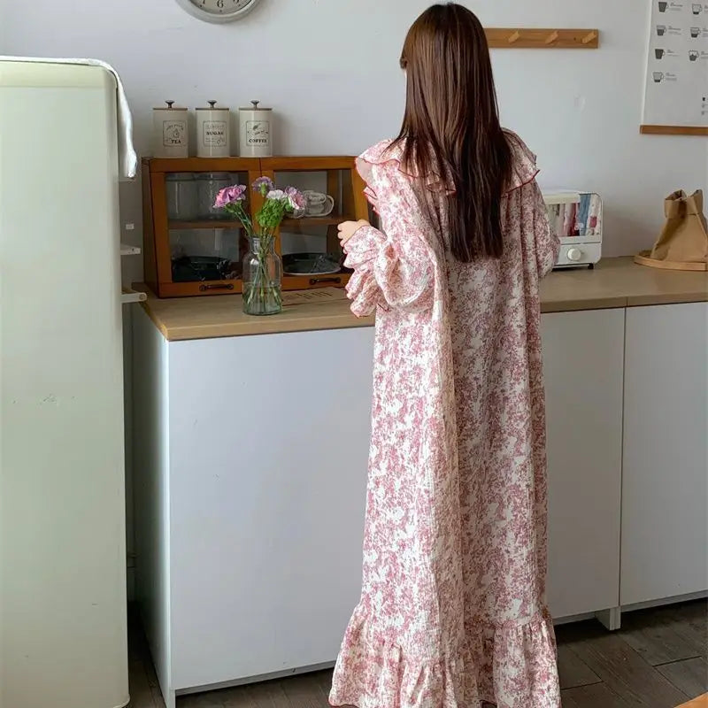 Floral Women Nightgown Autumn Sleepwear Long Sleeve Night Dress Korean One Piece Pajamas O-neck Ruffles Nightwear Sleeping Wear