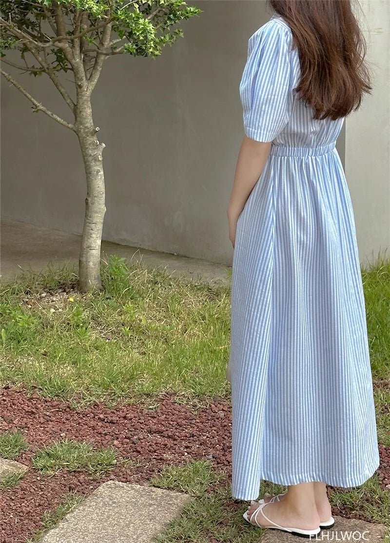 Cotton Linen Feminine Vestidos Chic Korea Fashion Clothes Women Office Lady Vintage Single Breasted Button Stripe Shirt Dress