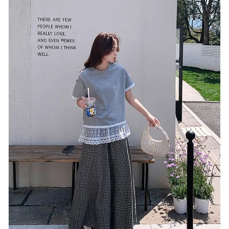 C04 Korean Lace Spliced gray Short-sleeved T-shirt Plaid Wide-leg Pants Suit for Women Summer Two-piece Set
