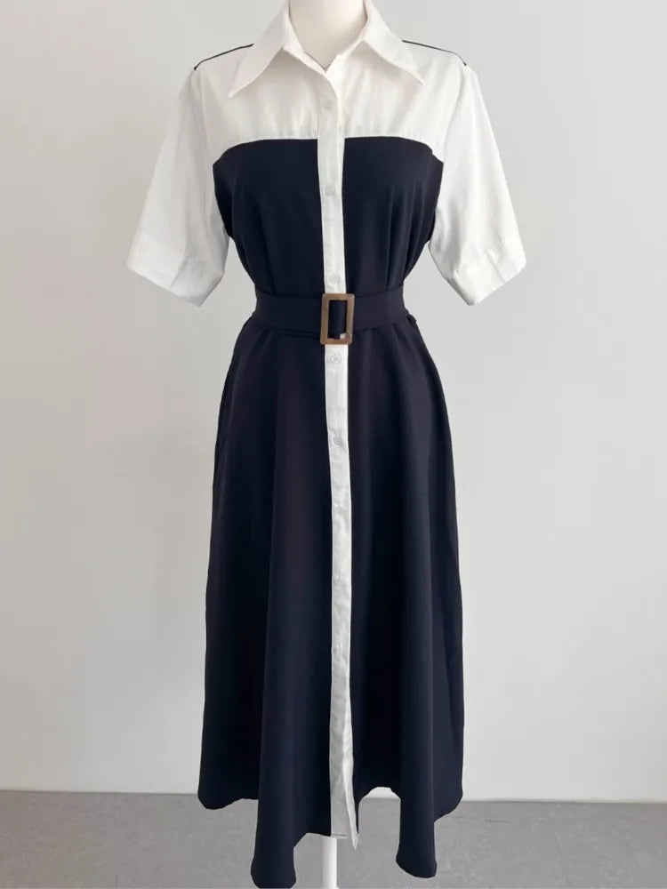 Summer Elegant Korean Long Dress Shirt Women Short Sleeve Patchwork Single Breasted Belt A Line Midi Vestidos Party Night