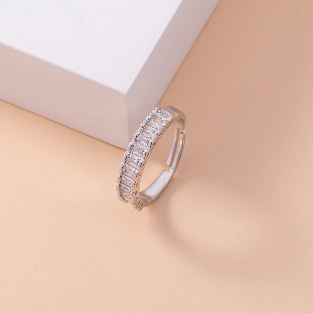European and American cross-border personality simple fashion popular square zircon ring opening adjustable ring female accessories jewelry