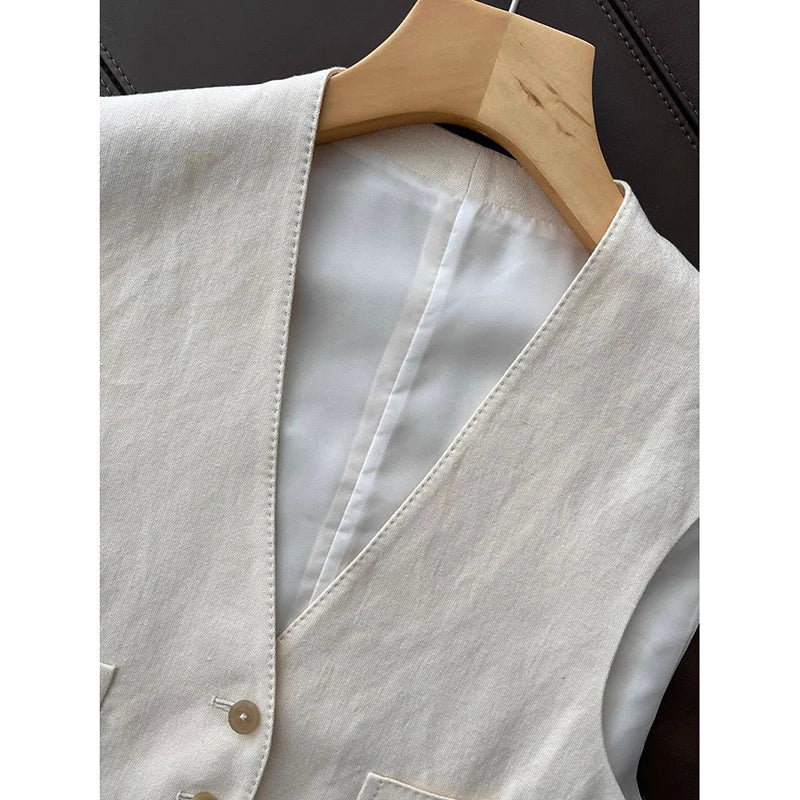 Korean Waistcoat Set Vest Pants Women Office Streetwear Minimalist Sleeveless Blazer High Waist Wide Leg Pants Tailored Straight