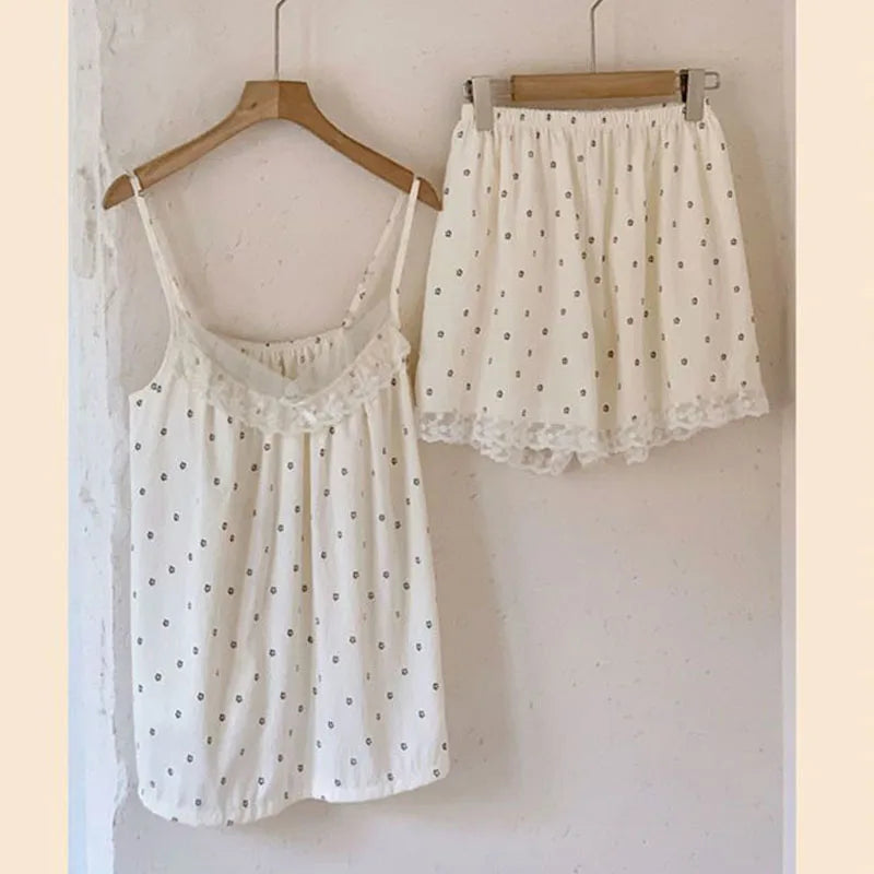 Floral Sleepwear Women Pajama Sets Korean Fashion Piiama Spaghetti Strap Female Sets 2 Pieces Lace Night Wears Cute Home Suit