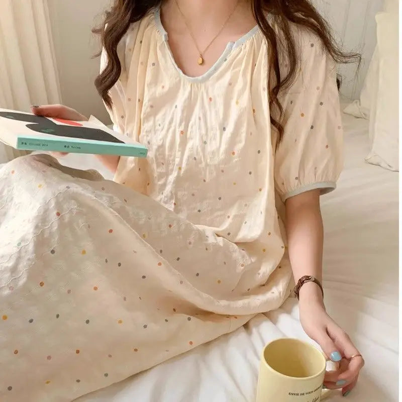 Polka Dot Women Nightgown Short Sleeve Sleepwear O-neck Night Dress Korean Fashion Nightwear Summer One Piece Pajamas Dress 2025