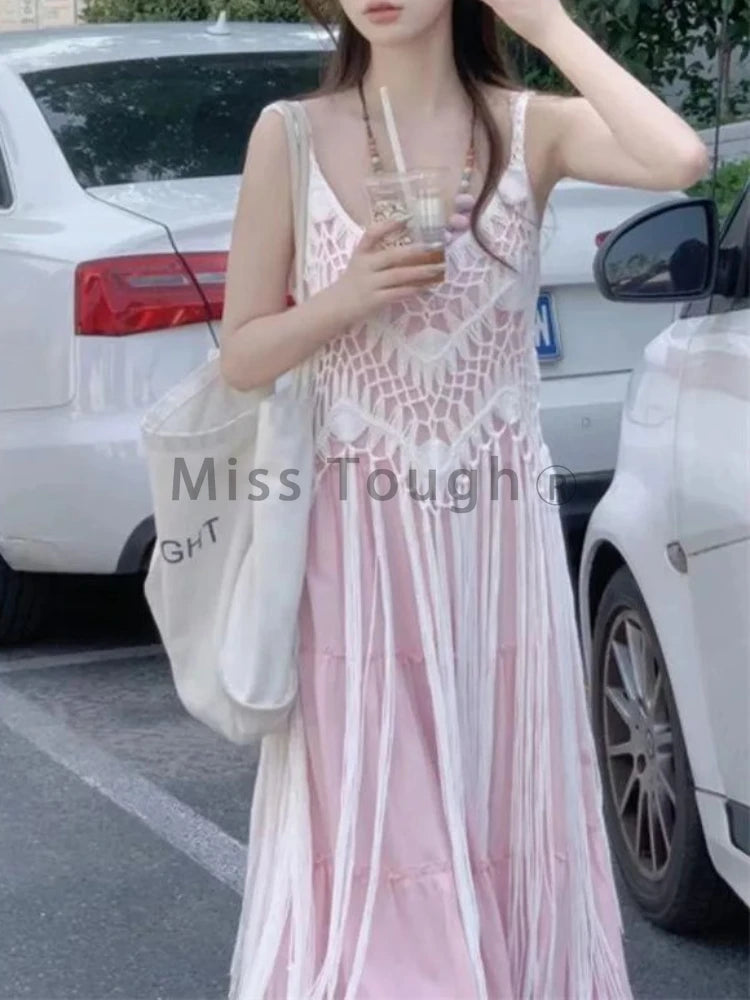 Korean Fashion Sweet Elegant Dress Suit Women Design Sense Blouses + Solid Long Dresses New Slim Beach Outing Two Piece Set 2025