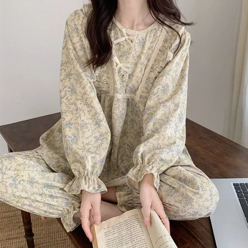Lace Sleepwear Women Pajamas Set for Home Floral Vintage Long Sleeve Pants Suit 2 Pieces Spring Ruffle Korean O-neck Night Wears