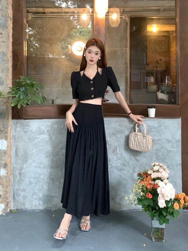 Women's Two Skirt Piece Set Black Clothing Luxury Y2k Clothes Vacation 2025 Elegant Casual Korean Style Long Maxi Female Outfits