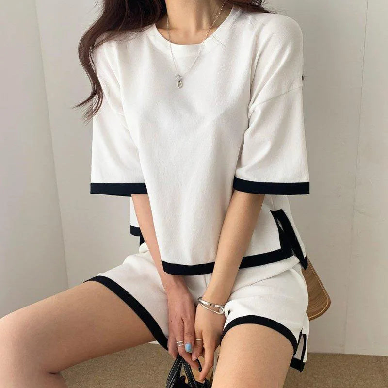C01 Summer Thin Knitted 2 Pieces Sets Women O-neck Knitwears Short Sleeve Tops Conjuntos Korean High Waist Baggy Shorts Pants Outfit