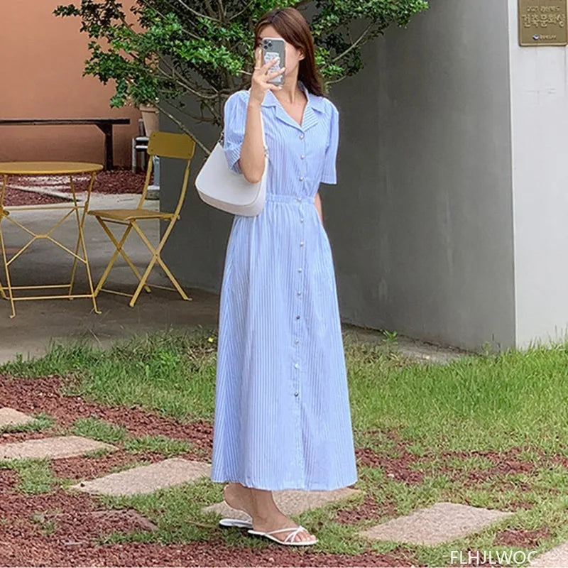 Cotton Linen Feminine Vestidos Chic Korea Fashion Clothes Women Office Lady Vintage Single Breasted Button Stripe Shirt Dress
