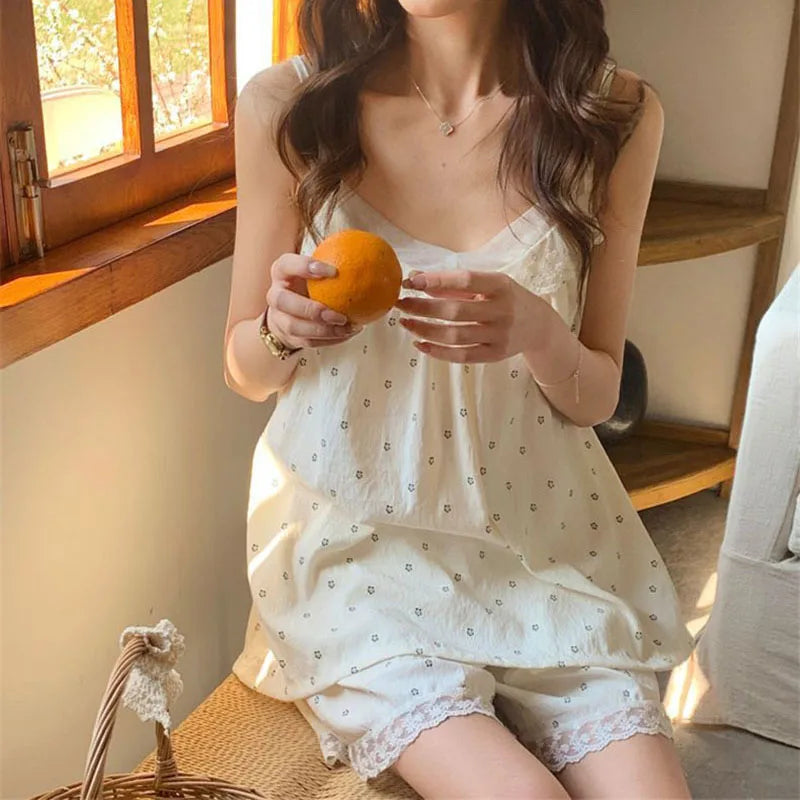 Floral Sleepwear Women Pajama Sets Korean Fashion Piiama Spaghetti Strap Female Sets 2 Pieces Lace Night Wears Cute Home Suit