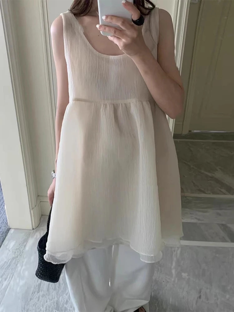Mesh Back Bow 2025 Vestidos Korean Fashion Tank Dress Summer Sweet Sexy Strap Dresses Woman Loose Robe Mini Ropa De Mujer