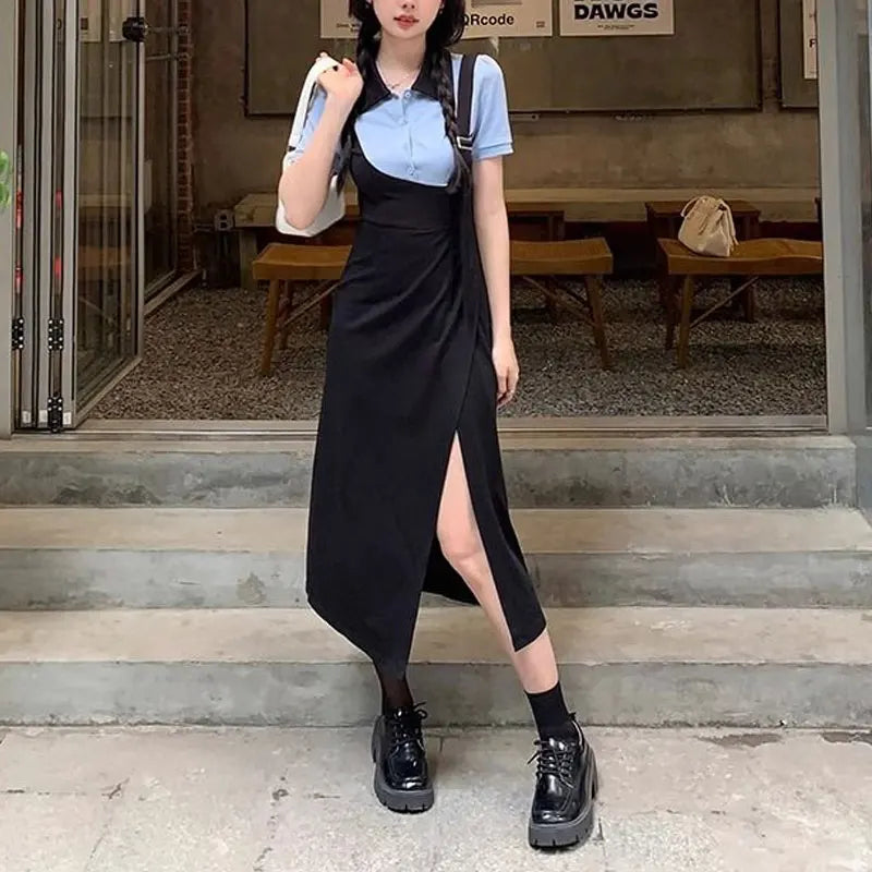 Fake Two Pieces Spliced Dresses Summer Korean Polo-Neck Button Women's Clothing Short Sleeve Waist Fashionable Split Long Dress