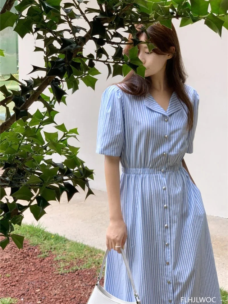 Cotton Linen Feminine Vestidos Chic Korea Fashion Clothes Women Office Lady Vintage Single Breasted Button Stripe Shirt Dress