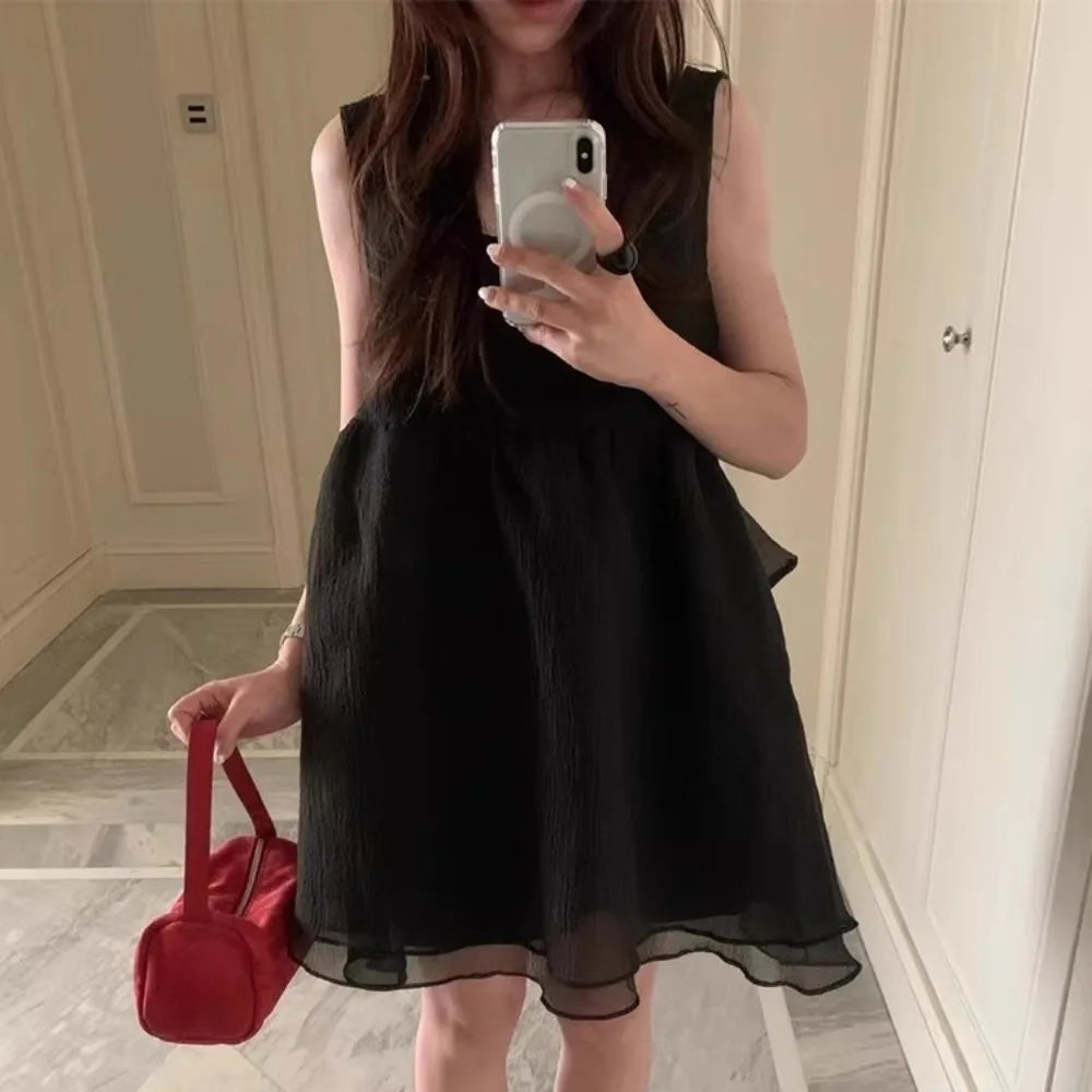 Mesh Back Bow 2025 Vestidos Korean Fashion Tank Dress Summer Sweet Sexy Strap Dresses Woman Loose Robe Mini Ropa De Mujer