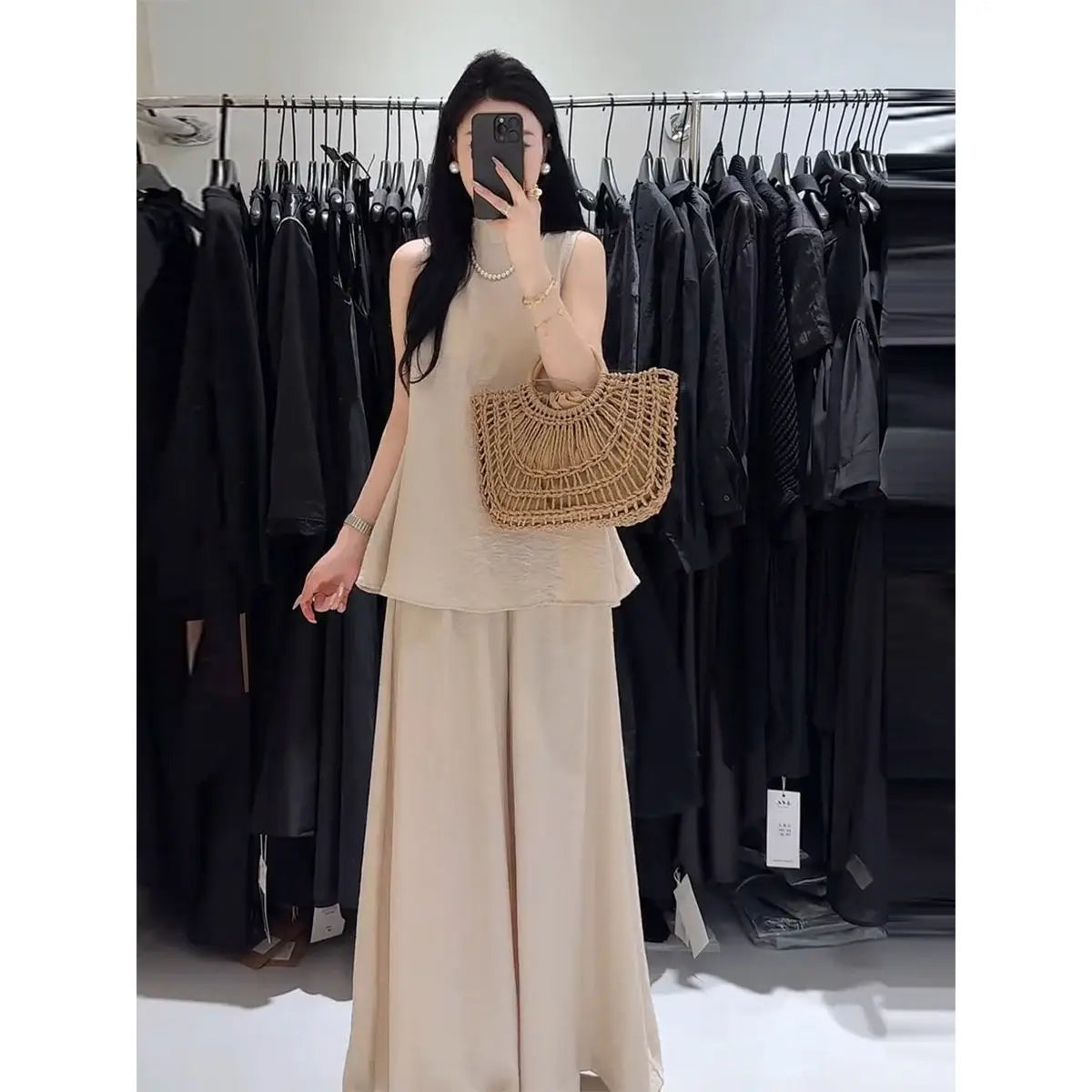 New Korean Fashion Casual Summer Women's Suit Fashion Sleeveless Split Loose Vest Top + High Waist Wide Leg Pants Two Piece Set