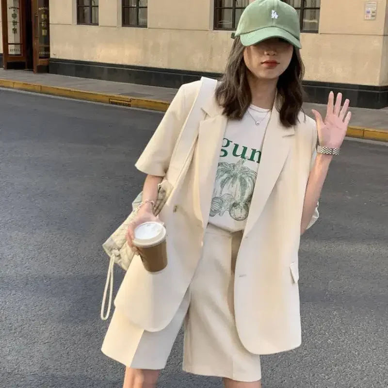 Clothing White 2025 Sleeve Summer Korean Style Blazer and Shorts Suit for Woman Kit Women's Short Pants Sets Complete Two Pieces