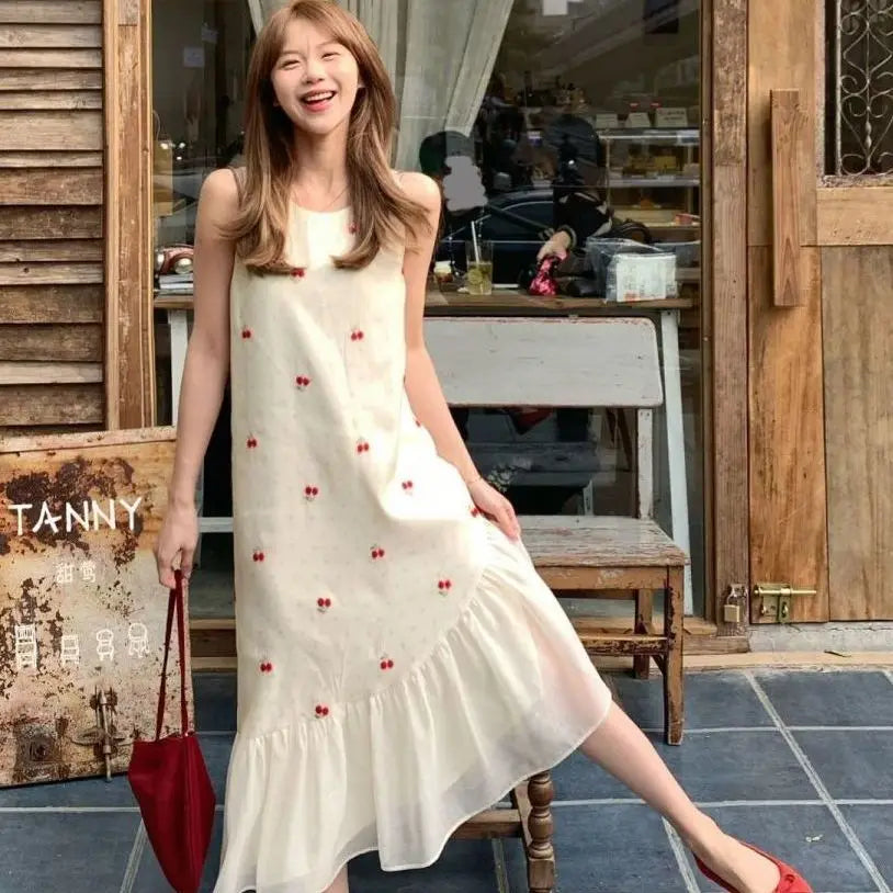 2025 Summer Korean Version New Sweet Floral Temperament French Sleeveless Vest Mesh Splicing Dress