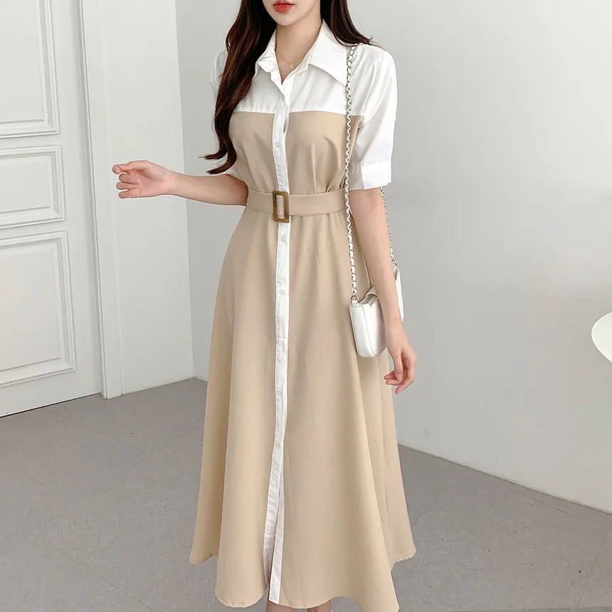 Summer Elegant Korean Long Dress Shirt Women Short Sleeve Patchwork Single Breasted Belt A Line Midi Vestidos Party Night