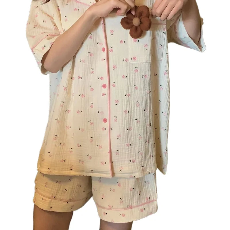 Floral Sleepwear Women Pajama Sets Korean Fashion Piiama Short Sleeve Sets 2 Pieces Pocket Night Wears Cute Button Home Suit New