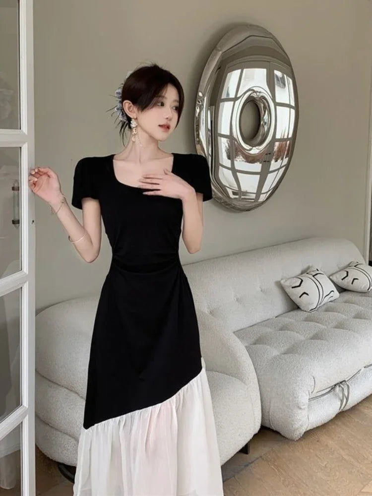 Long Maxi Female Dress Short Sleeve Women's Dresses Korean Style Designer Retro Kpop Casual Youth A Line Clothing Elegant Party